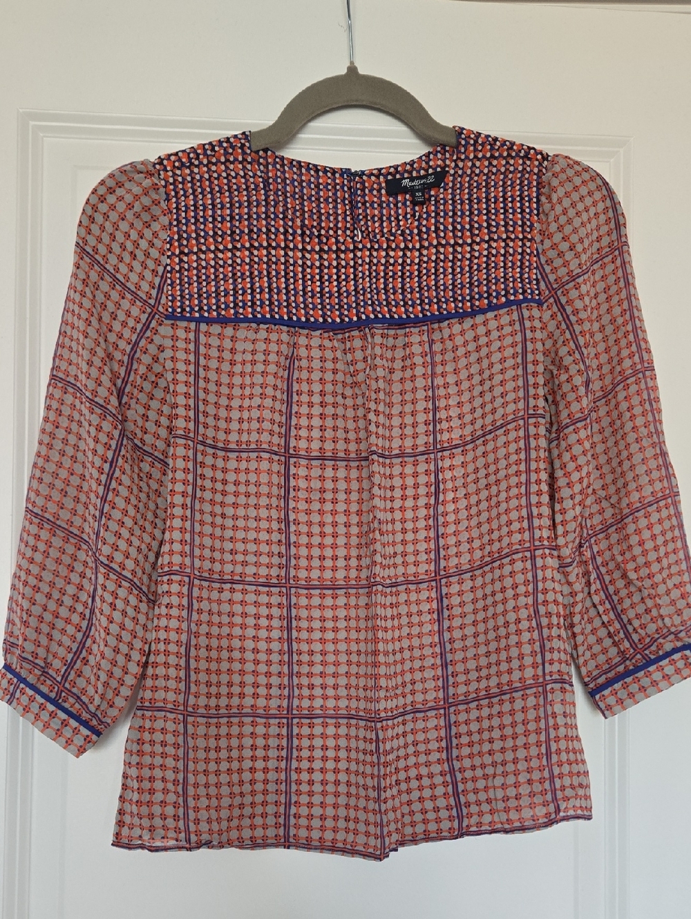 Madewell Red Patterned Blouse with Blue Trim